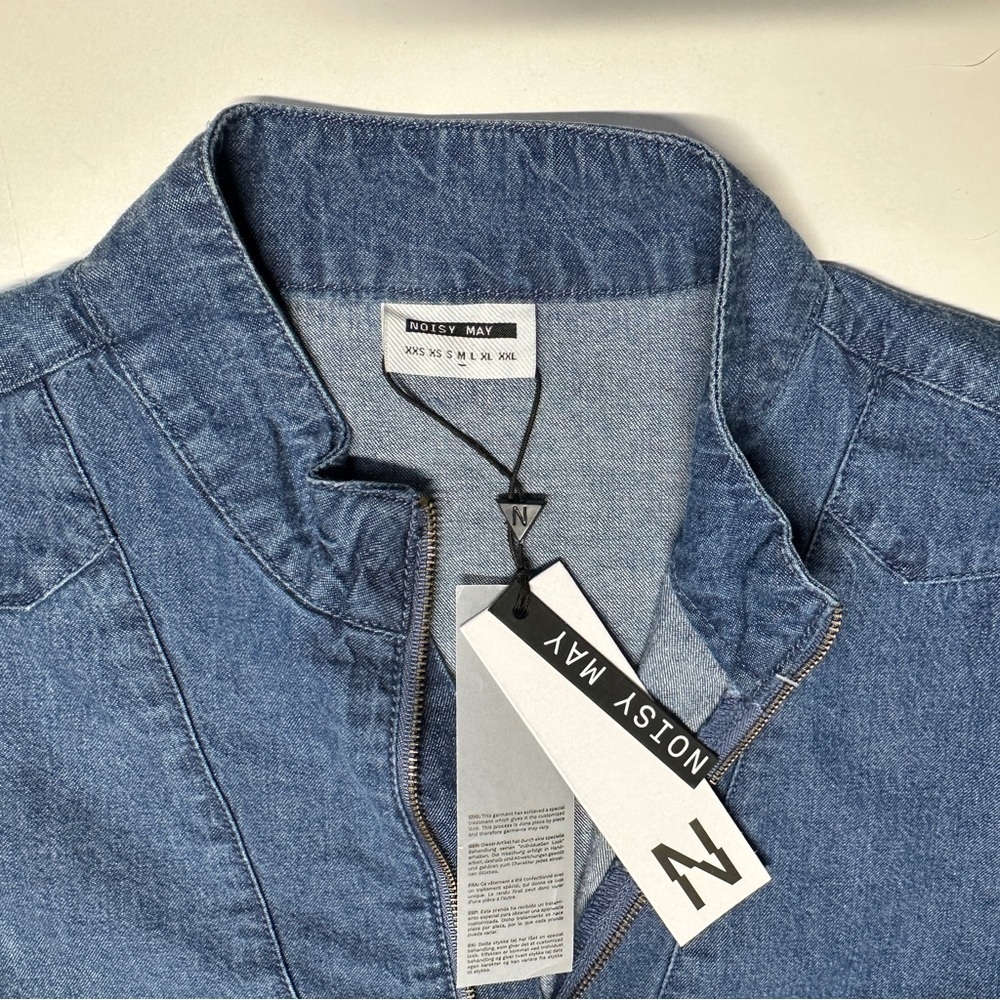 NEW Noisy May Blue Denim Ruffle Mini Shift Dress Zip Mock Collar Size Medium - Picture 7 of 15